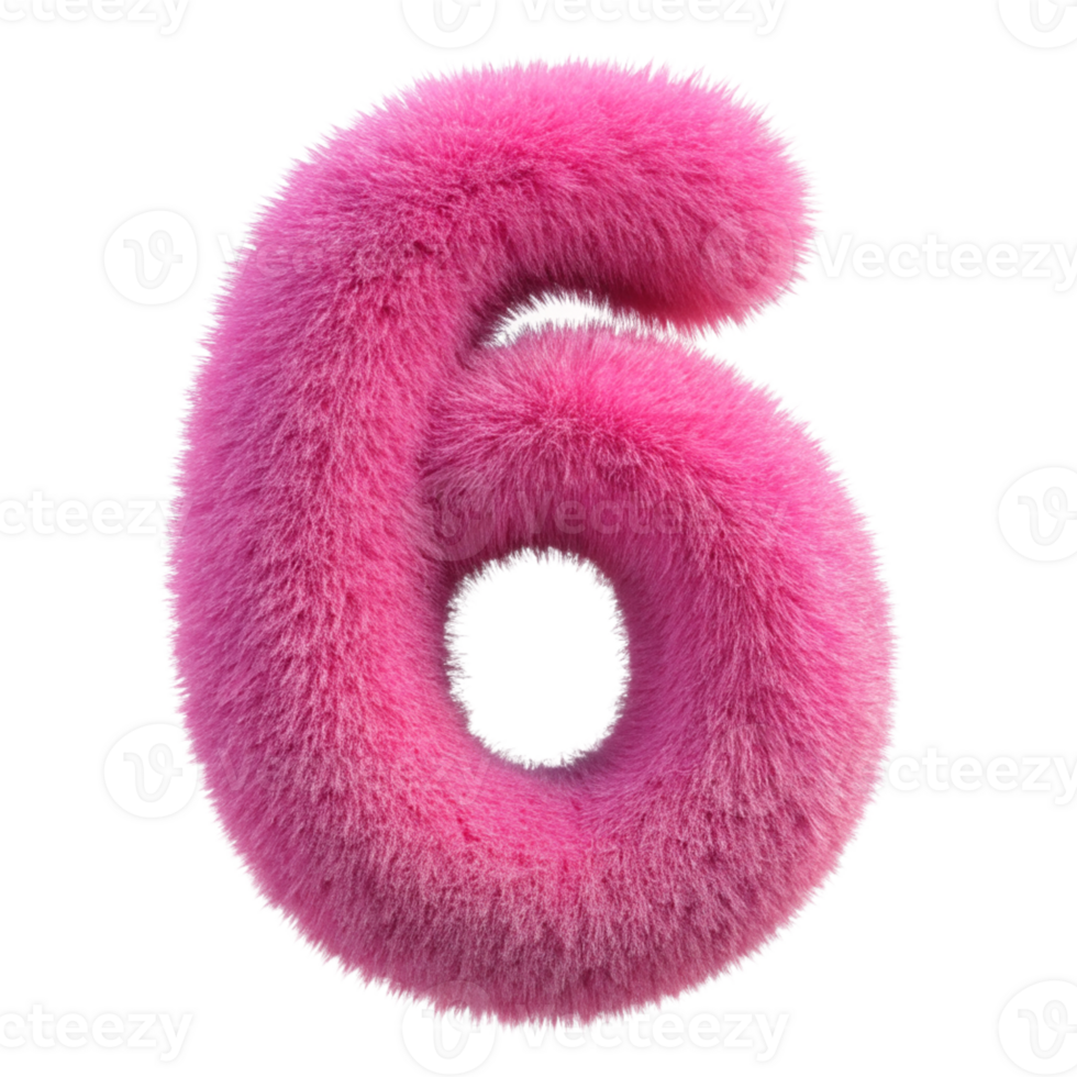 Pink Fluffy 3D Number 6 cut out isolated PNG transparent