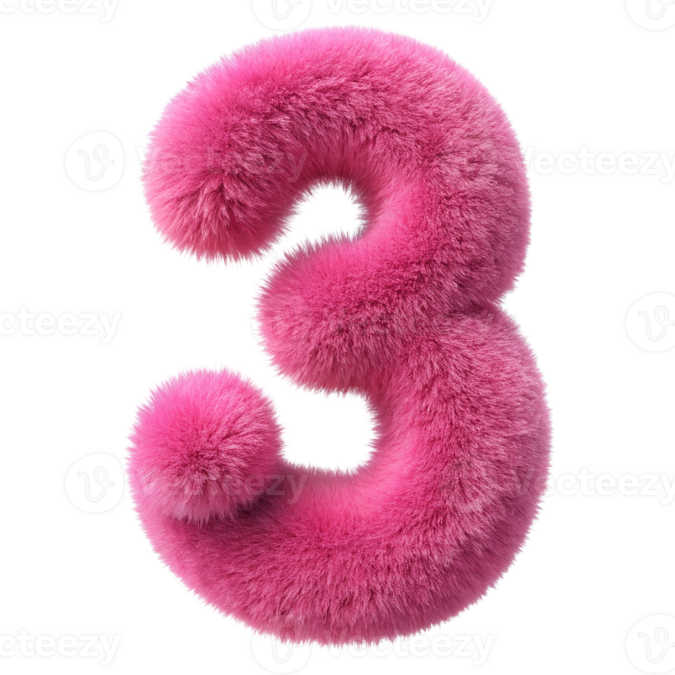 Pink Fluffy 3D Number 3 cut out isolated PNG transparent