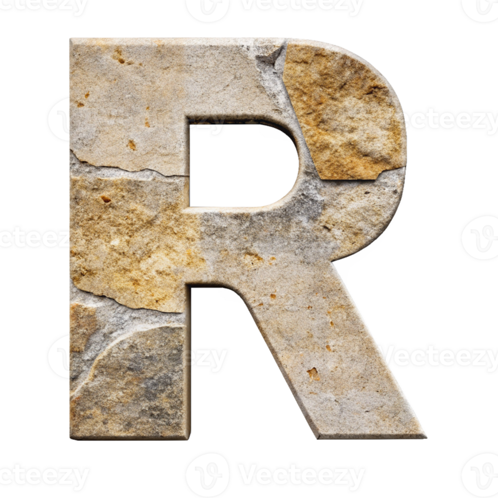 3D Stone Letter R cut out isolated PNG transparent