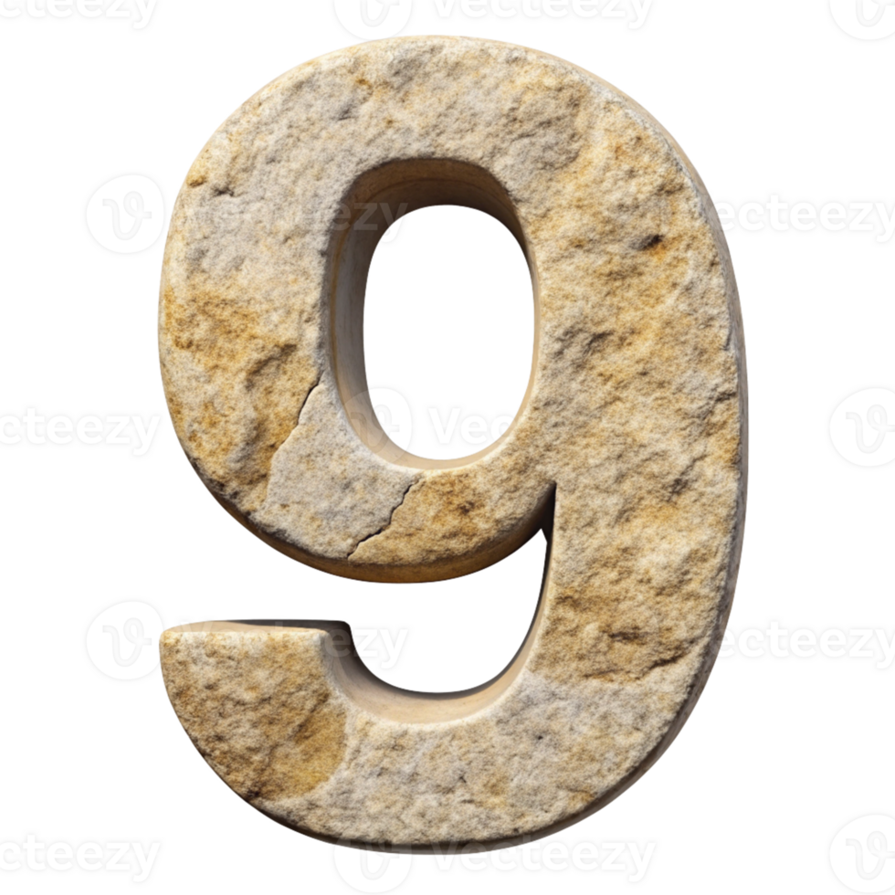3D Stone Number 9 cut out isolated PNG transparent