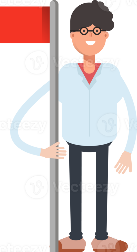 Nerd Boy Character Holding Flag Pole png
