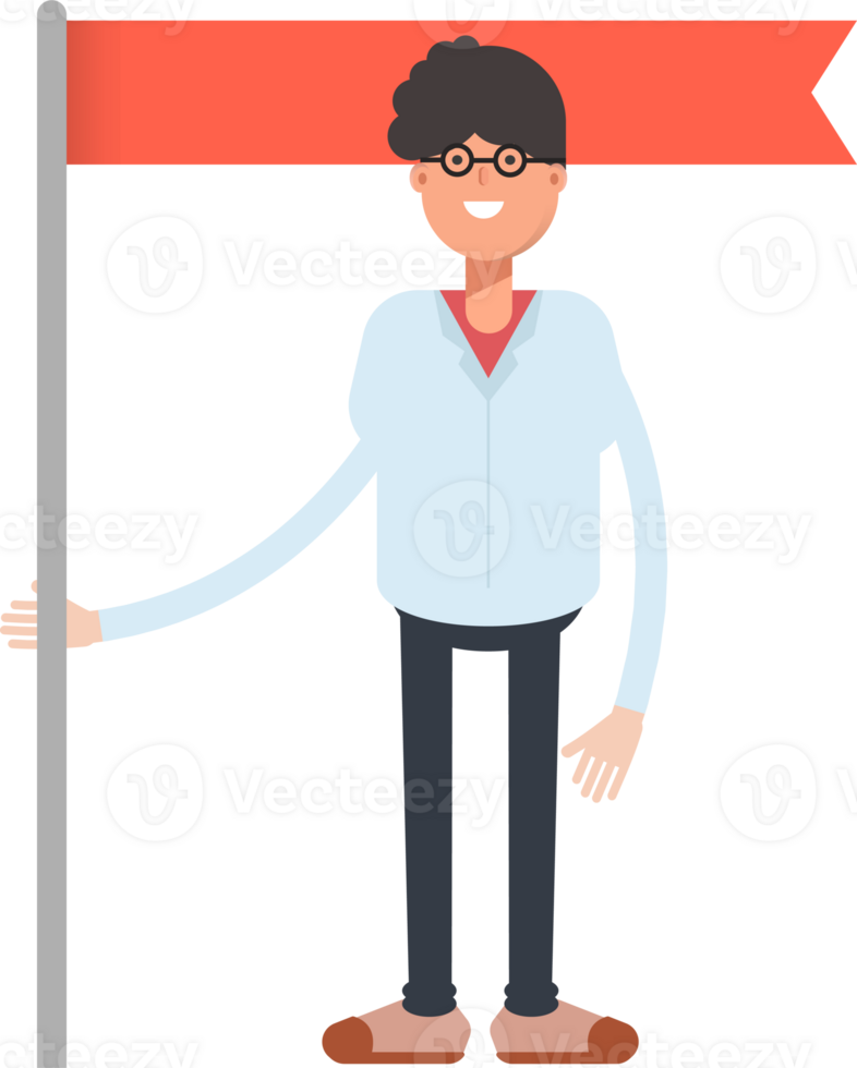 Nerd Boy Character Holding Flag Pole png