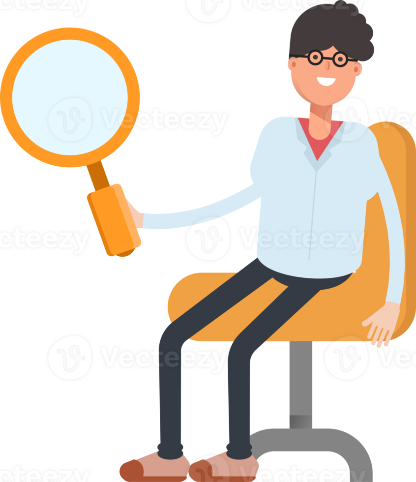 Nerd Boy Character Sitting and Holding Magnifier png