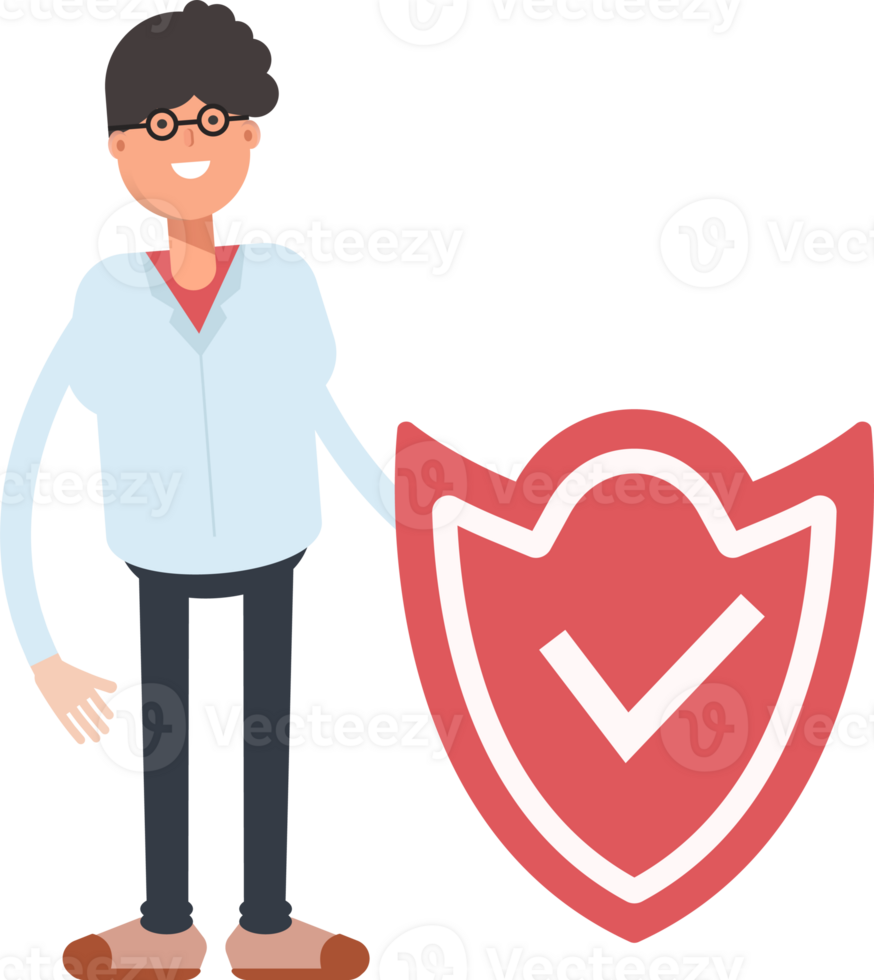 Nerd Boy Character and Check Mark Shield png