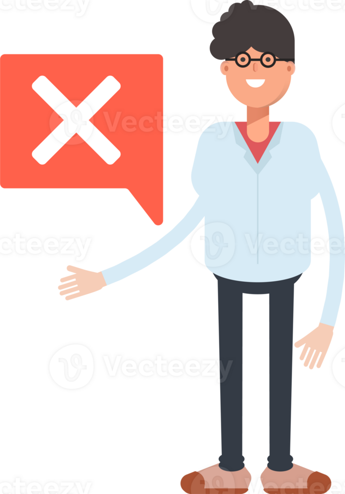 Nerd Boy Character and Wrong Mark png