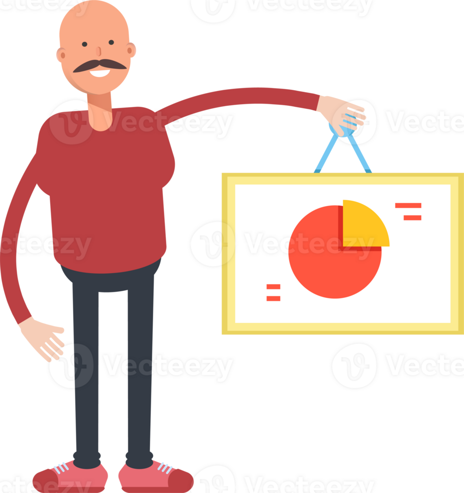 Bald Man Character Holding Pie Chart Signage png