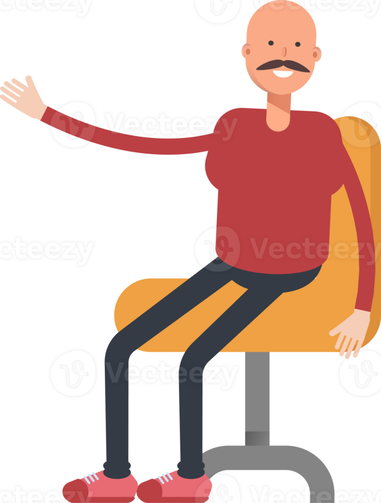 Bald Man Character Sitting on Office Chair png