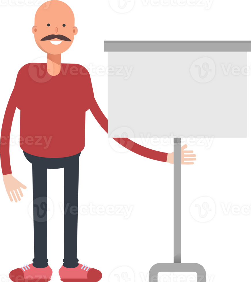 Bald Man Character Presenting Whiteboard png