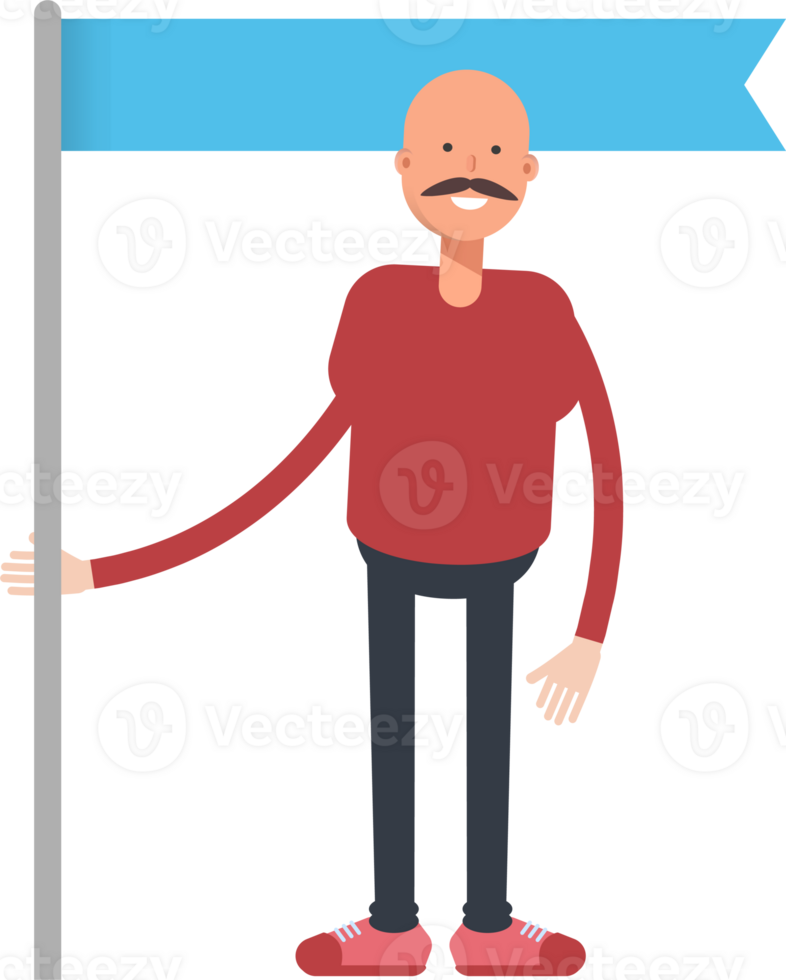 Bald Man Character Holding Flag Pole png
