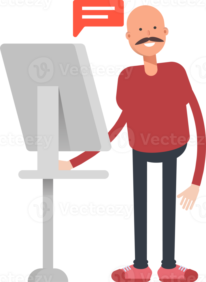 Bald Man Character Working on Computer png