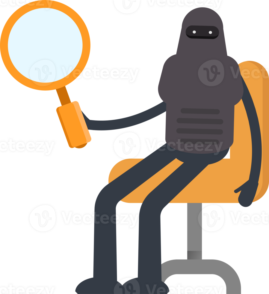 Robot Character Sitting and Holding Magnifier png