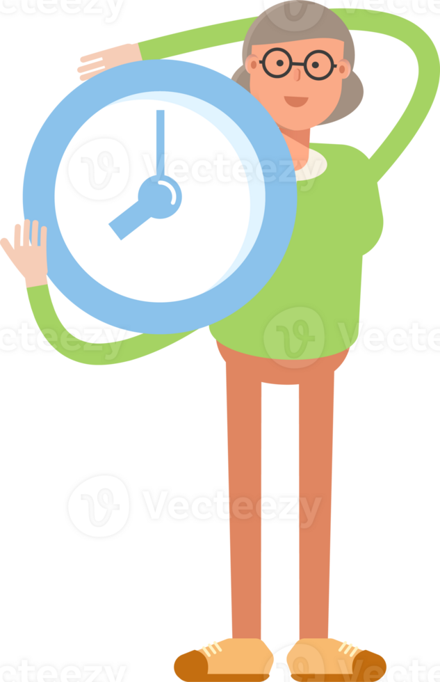 Old Woman Character Holding Clock png