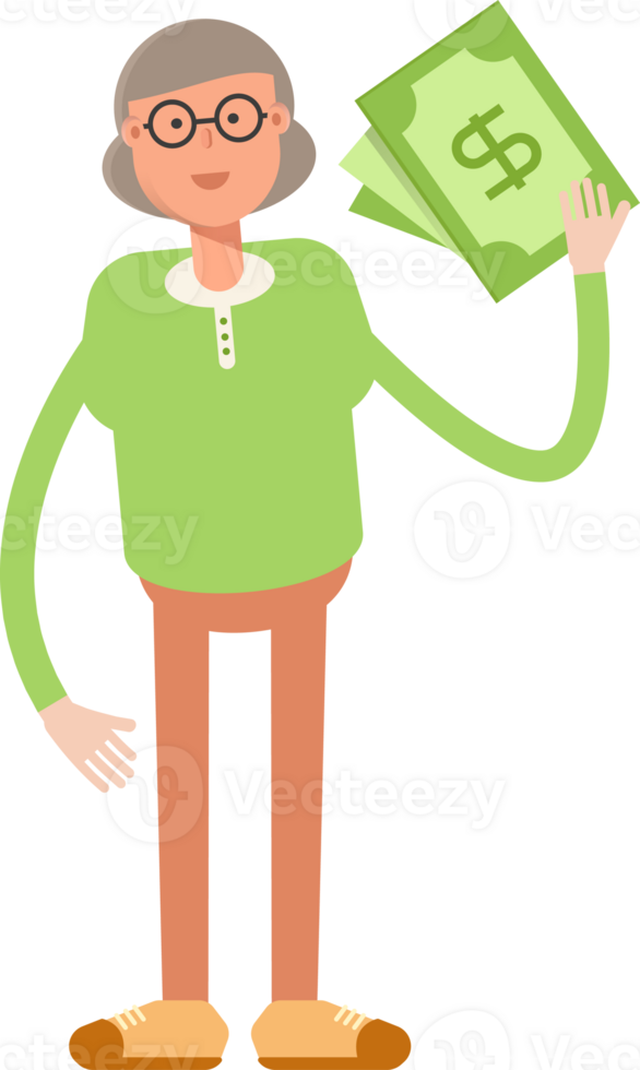 Old Woman Character Holding Dollar Banknotes png