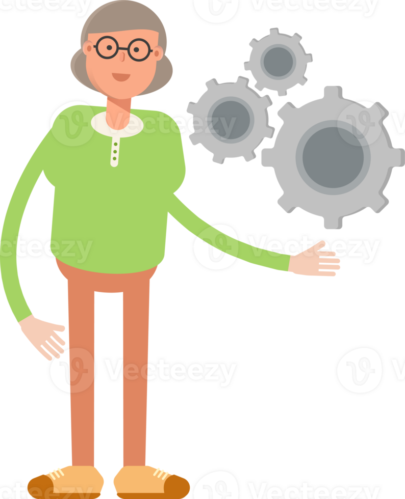 Old Woman Character Holding Gears png