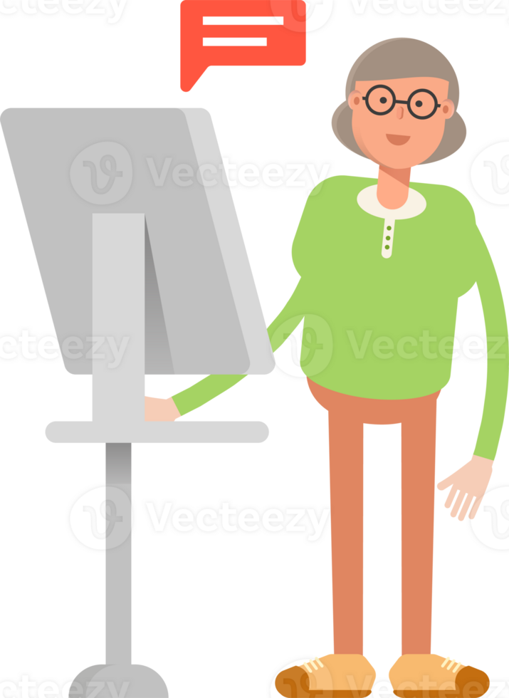 Old Woman Character Working on Computer png