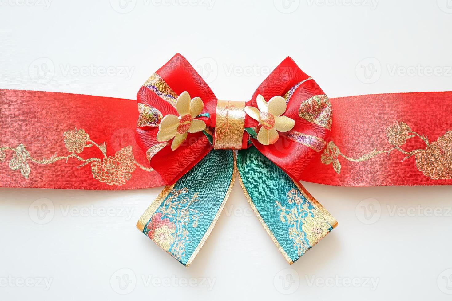 Red and turquoise bow adorned with golden flower patterns and decorative ribbon photo