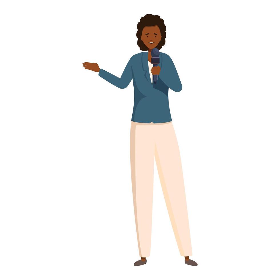Female journalist reporting live holding microphone and gesturing vector