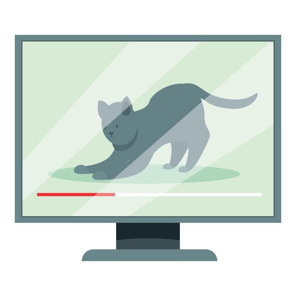 Gray cat stretching on computer monitor screen while playing video vector