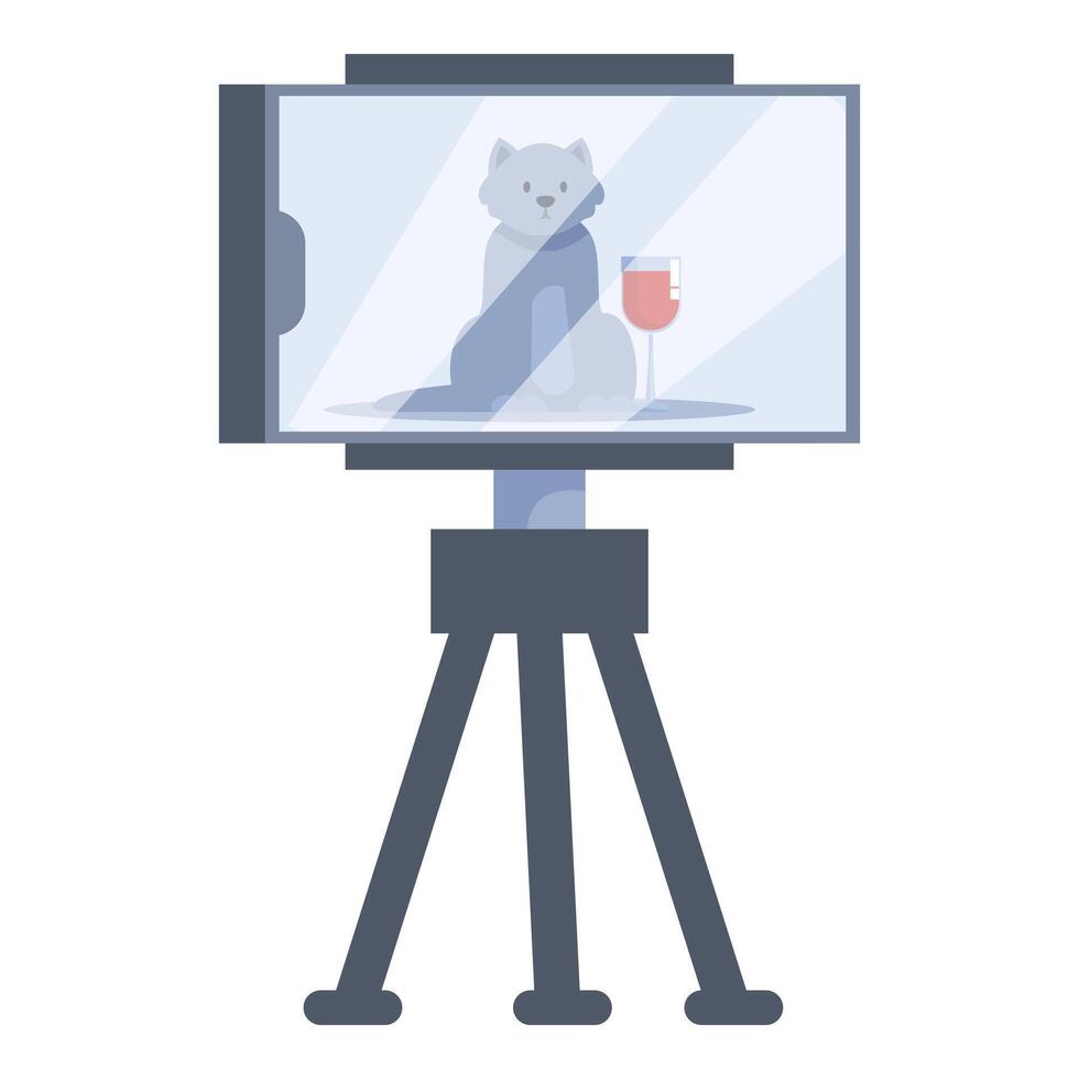 Cat posing for smartphone camera on tripod with wine glass vector