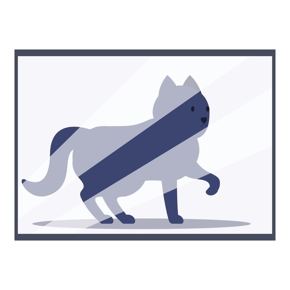 Grey cat walking behind glass window reflecting light vector