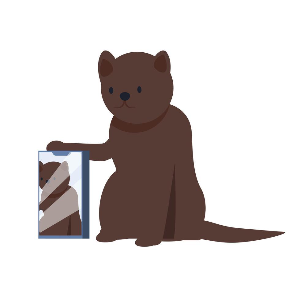 Brown cat showing smartphone with his photo on screen, funny pet using mobile device vector