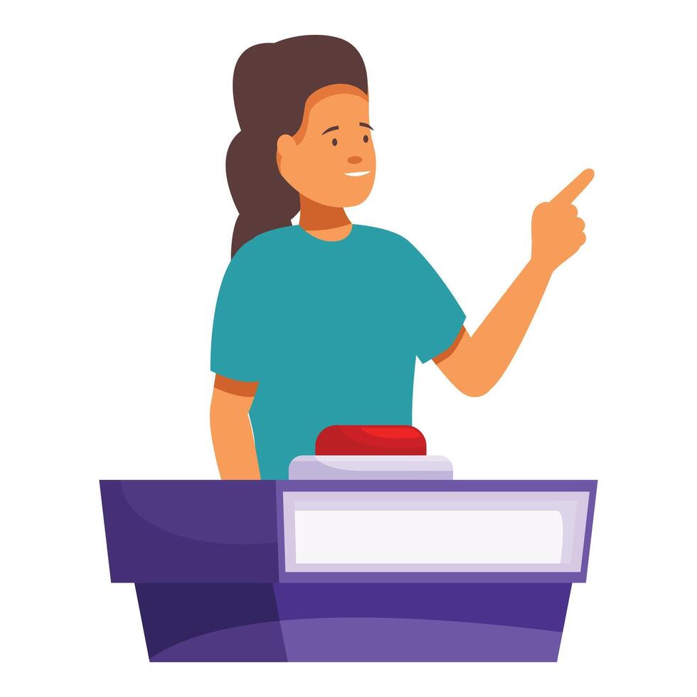 Young woman standing behind podium and pointing with finger, quiz show concept vector