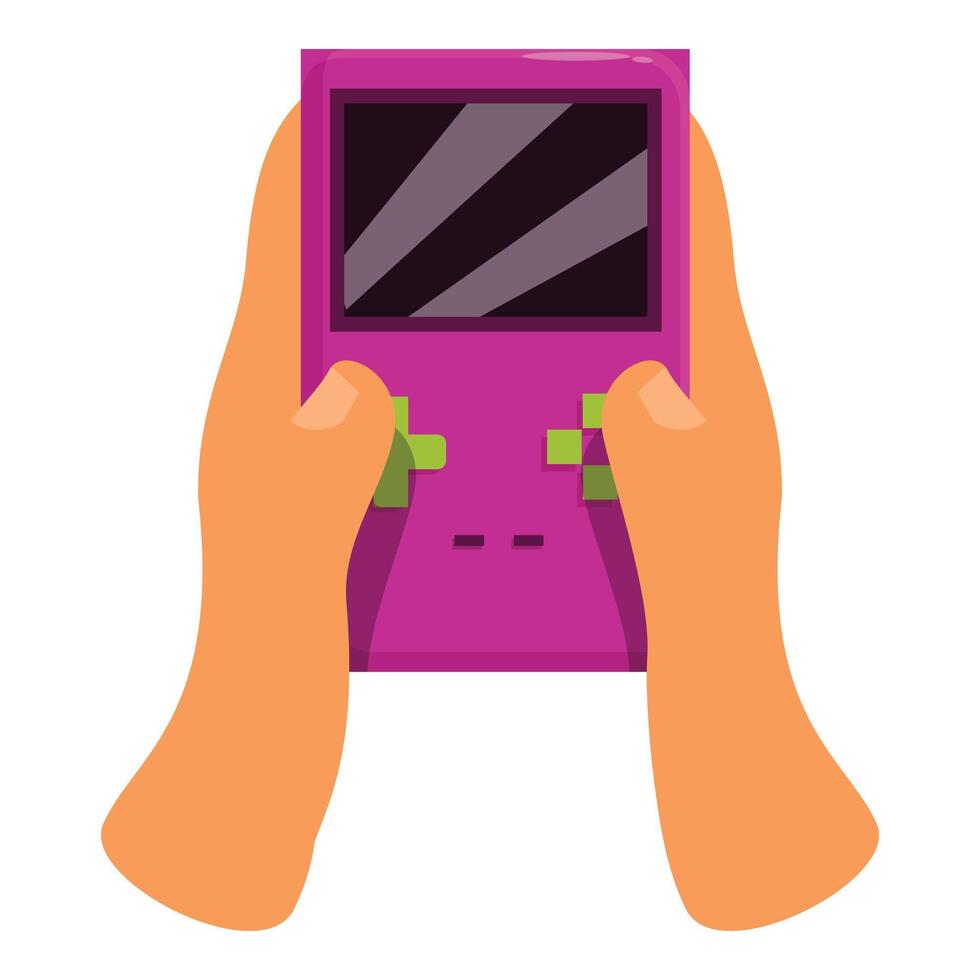 Person playing a purple handheld video game console vector