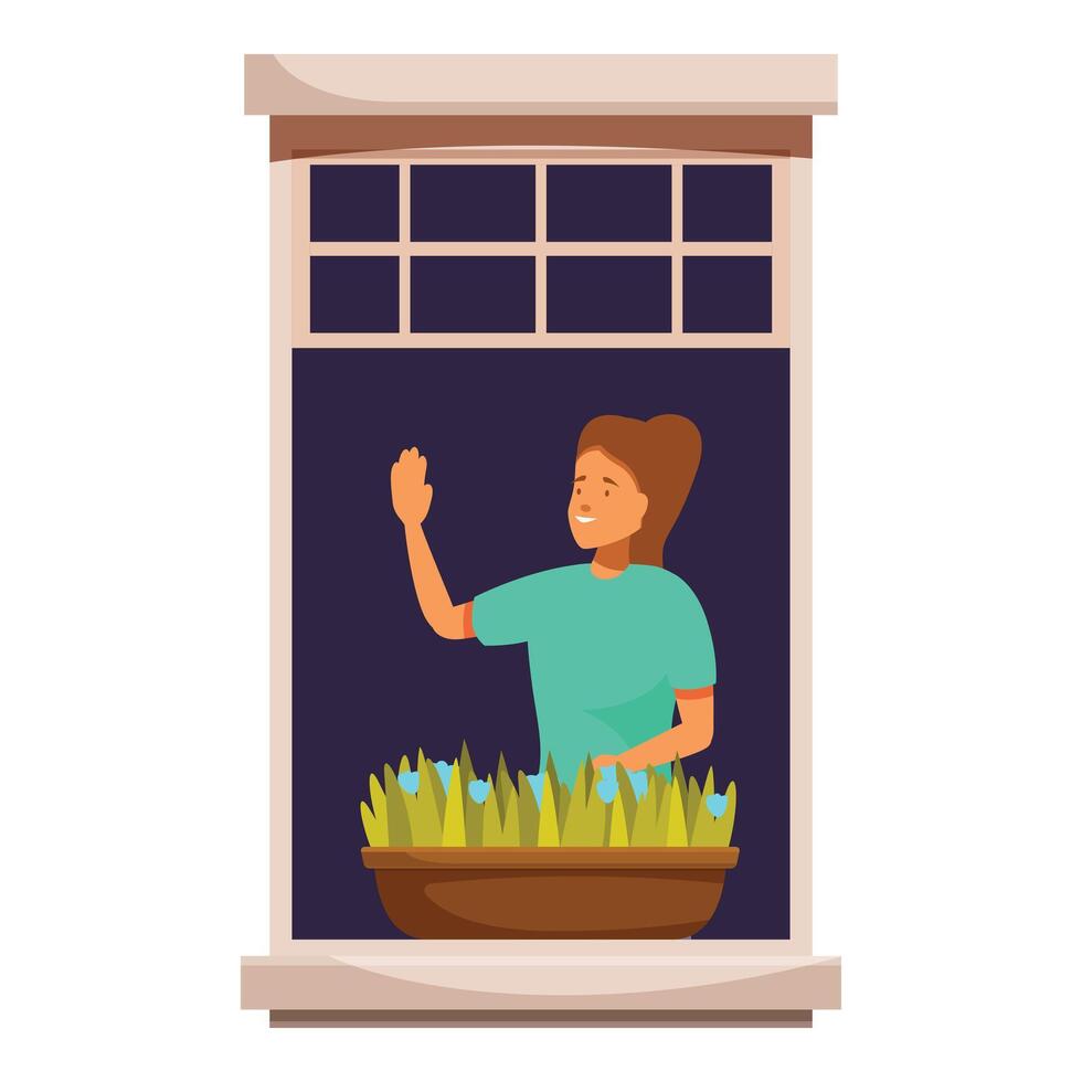 Woman is waving from window of her apartment with flowers on windowsill vector