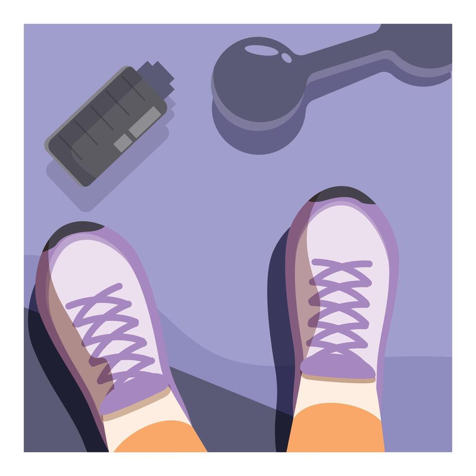 Athlete point of view looking at dumbbell and water bottle vector