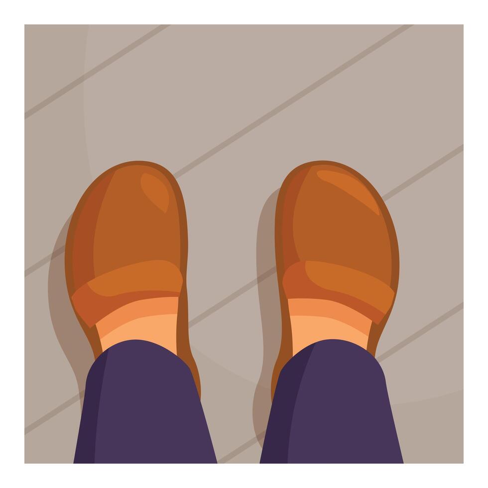 Person wearing brown shoes standing on wooden floor vector