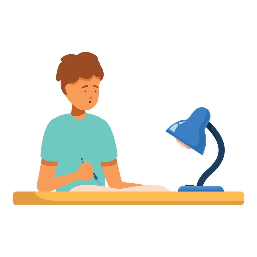 Young man studying late at night with desk lamp vector