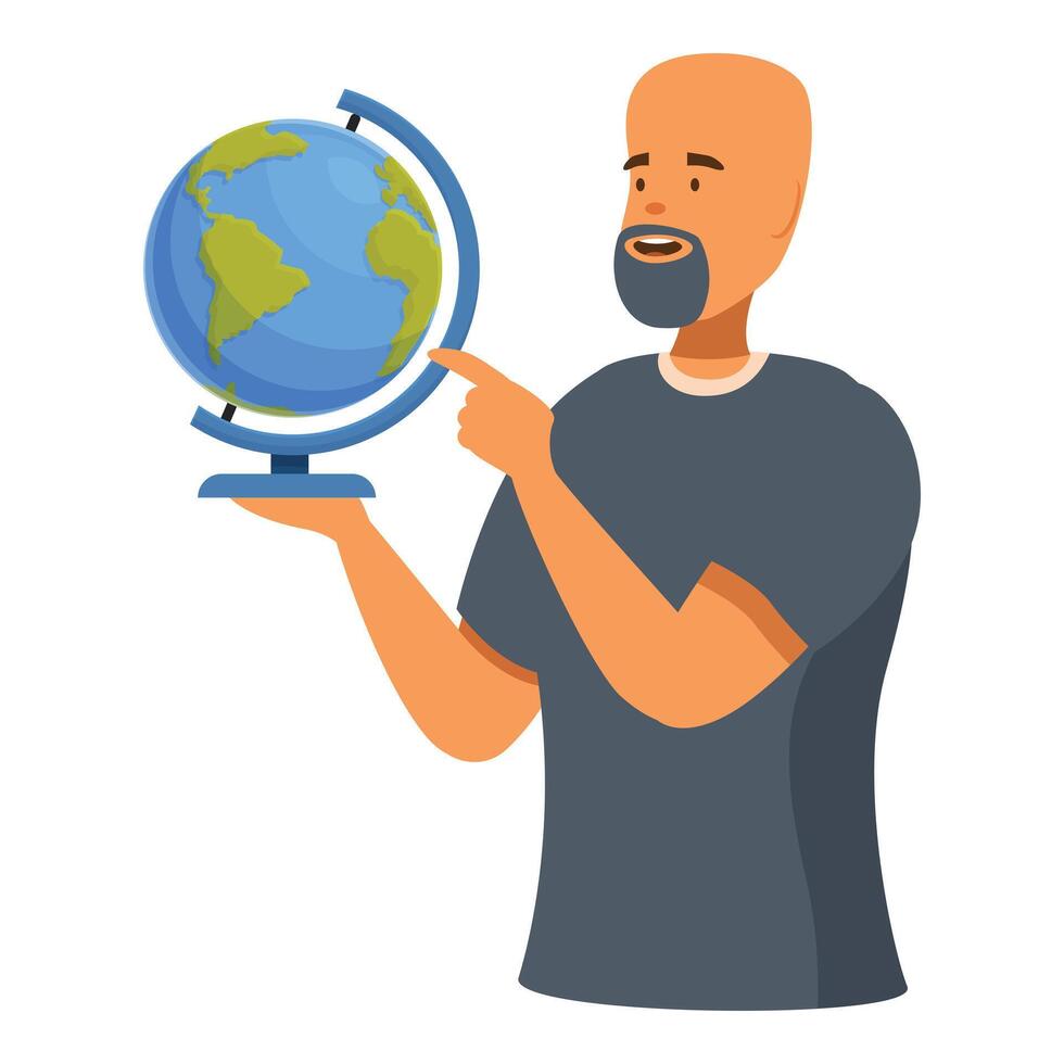 Geography teacher holding globe pointing at world map vector