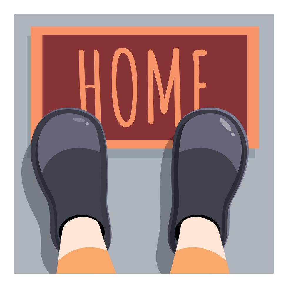 Person standing on mat with home sign coming home after work vector