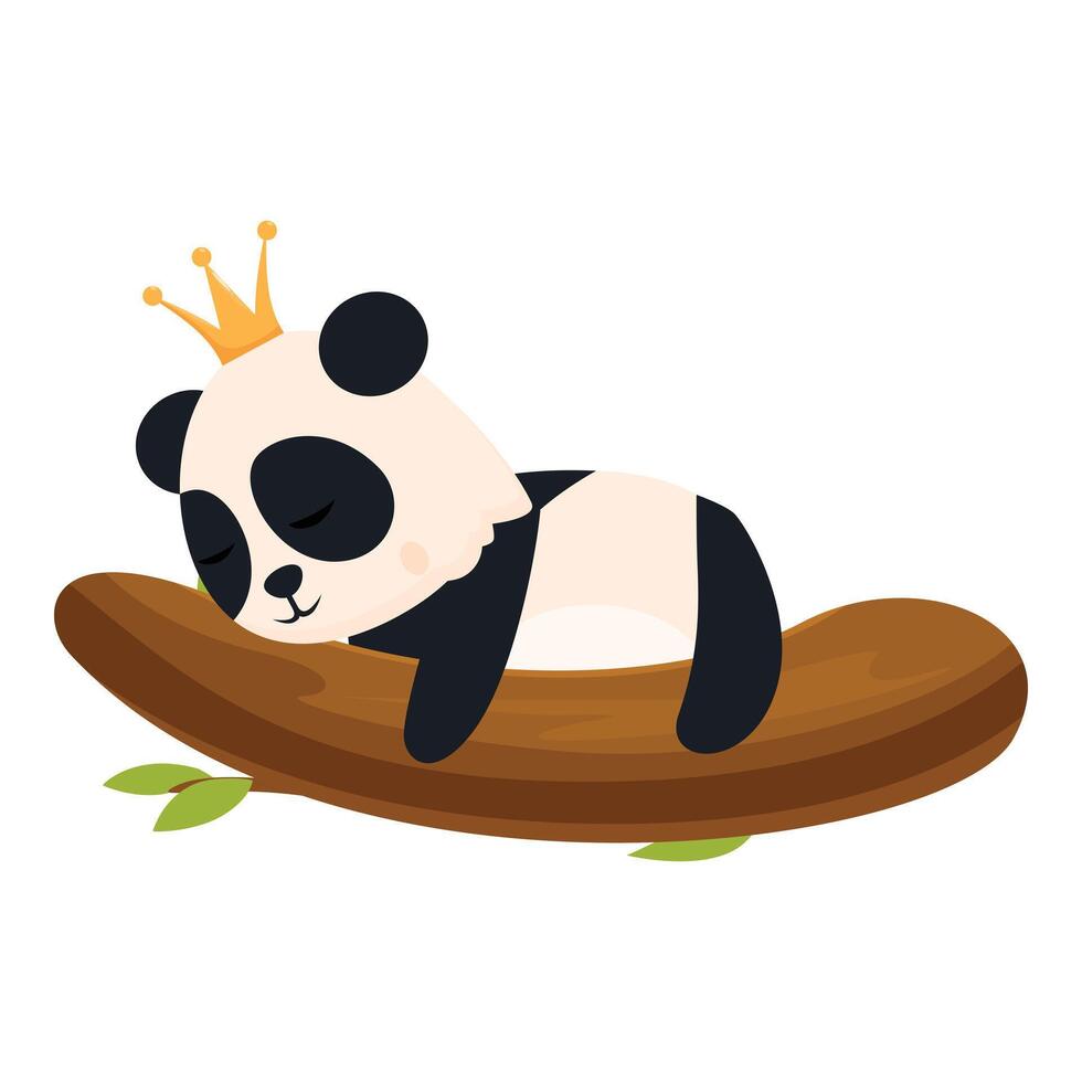 Adorable cartoon panda wearing crown sleeping peacefully on tree branch vector