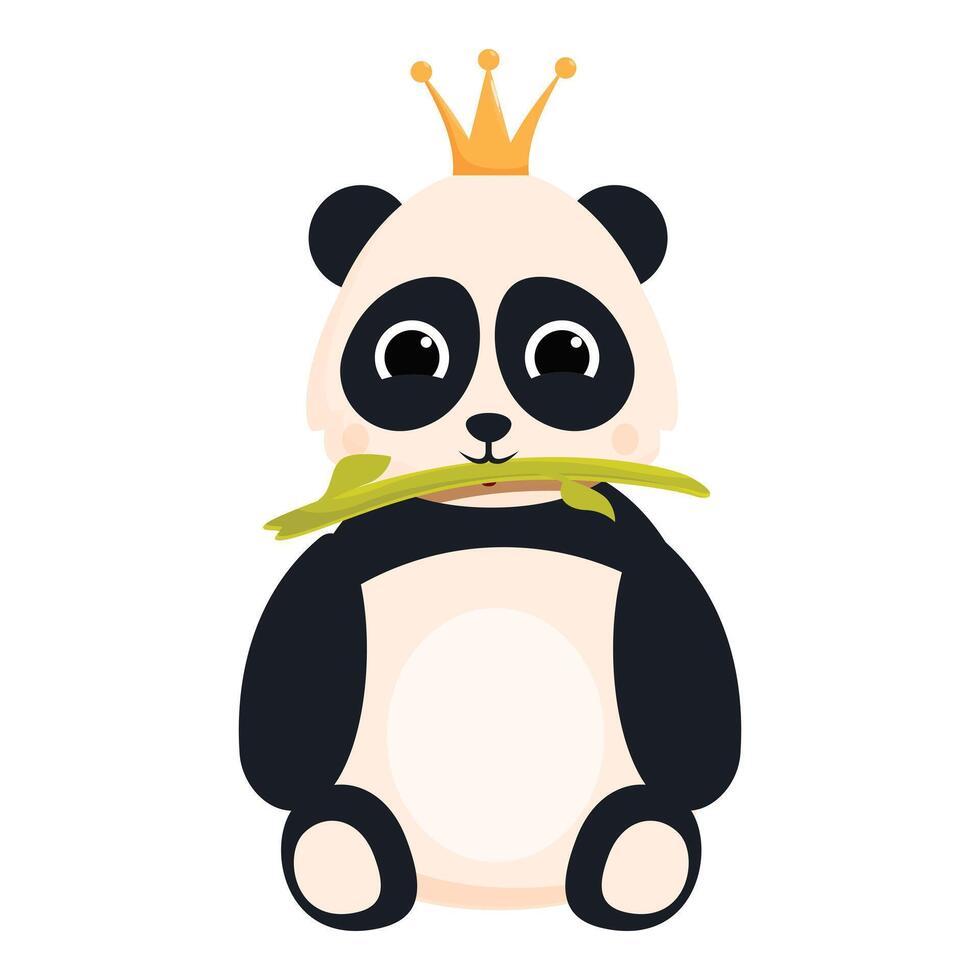 Cute panda wearing a crown is sitting and eating bamboo vector
