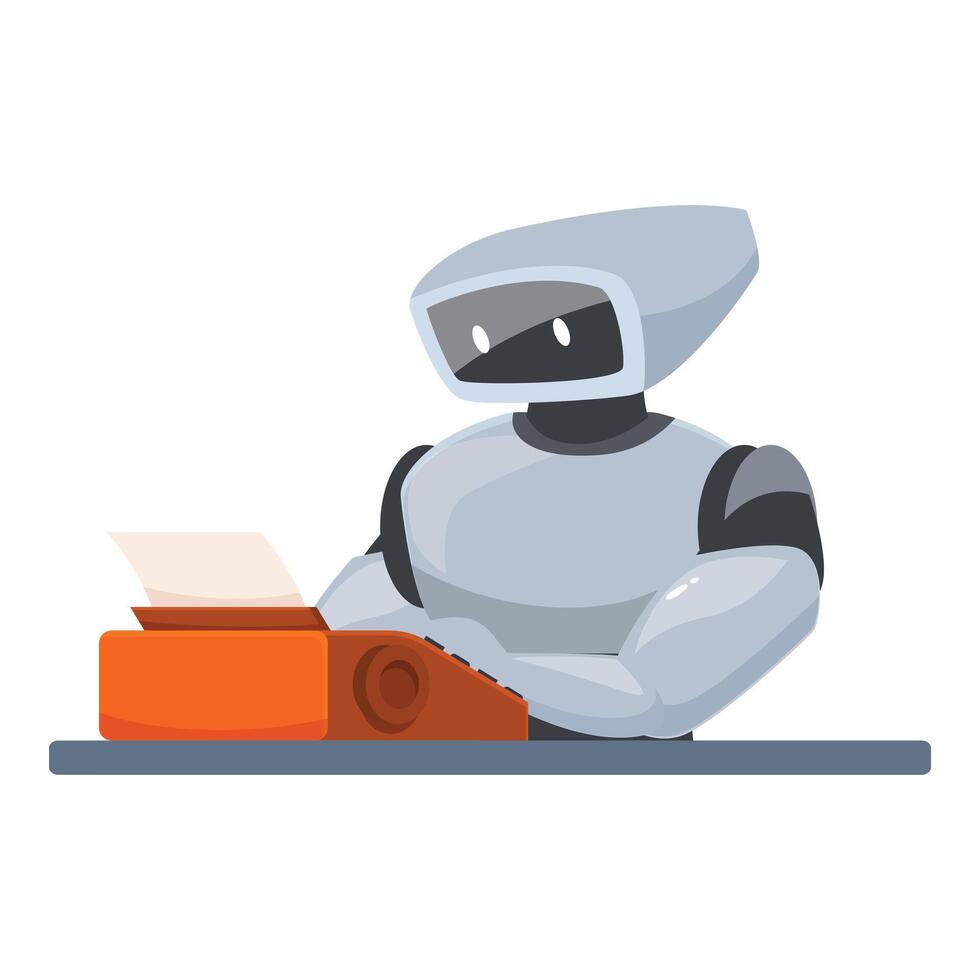 Robot sitting at desk and typing using typewriter, artificial intelligence concept vector