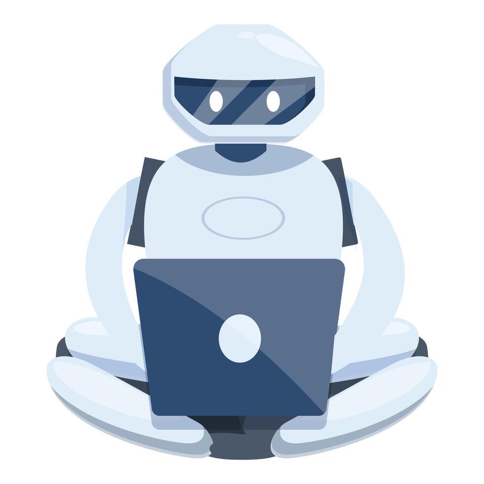 White robot is sitting cross legged using a laptop vector