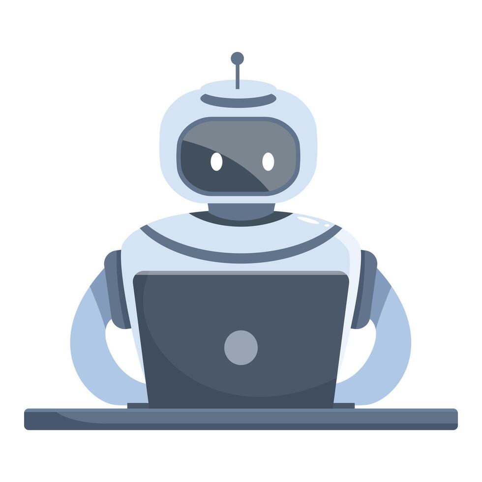 Cute white robot sitting at desk and working on laptop vector