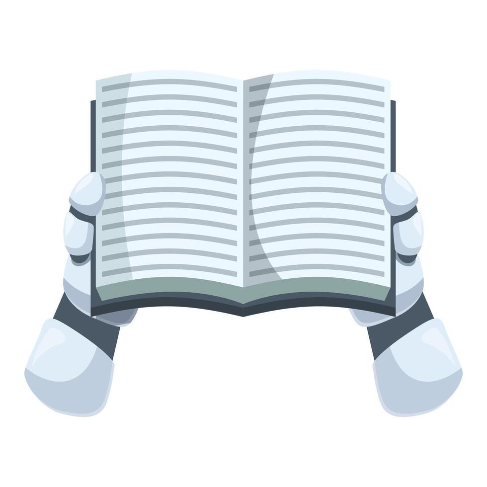 Robot hands holding open book exploring artificial intelligence concept vector