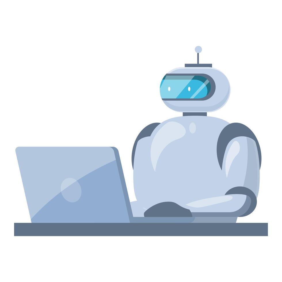 Modern robot sitting at desk and working on laptop computer vector
