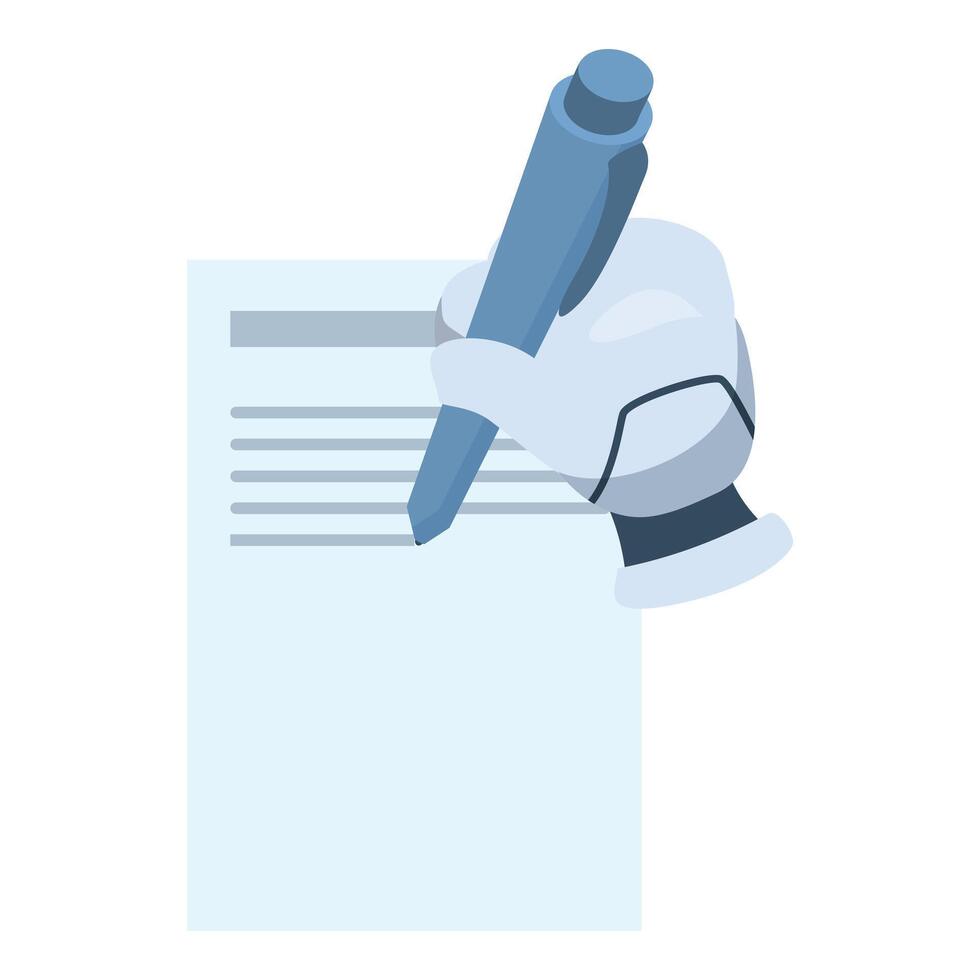 Robot hand holding pen writing on paper vector