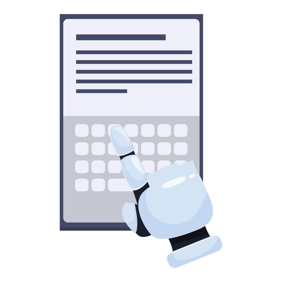 Robot hand typing on digital tablet with text on screen vector