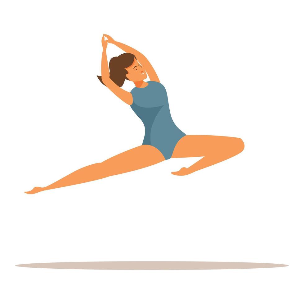 Young woman gymnast is performing gymnastics exercise, stretching in jump with hands up vector