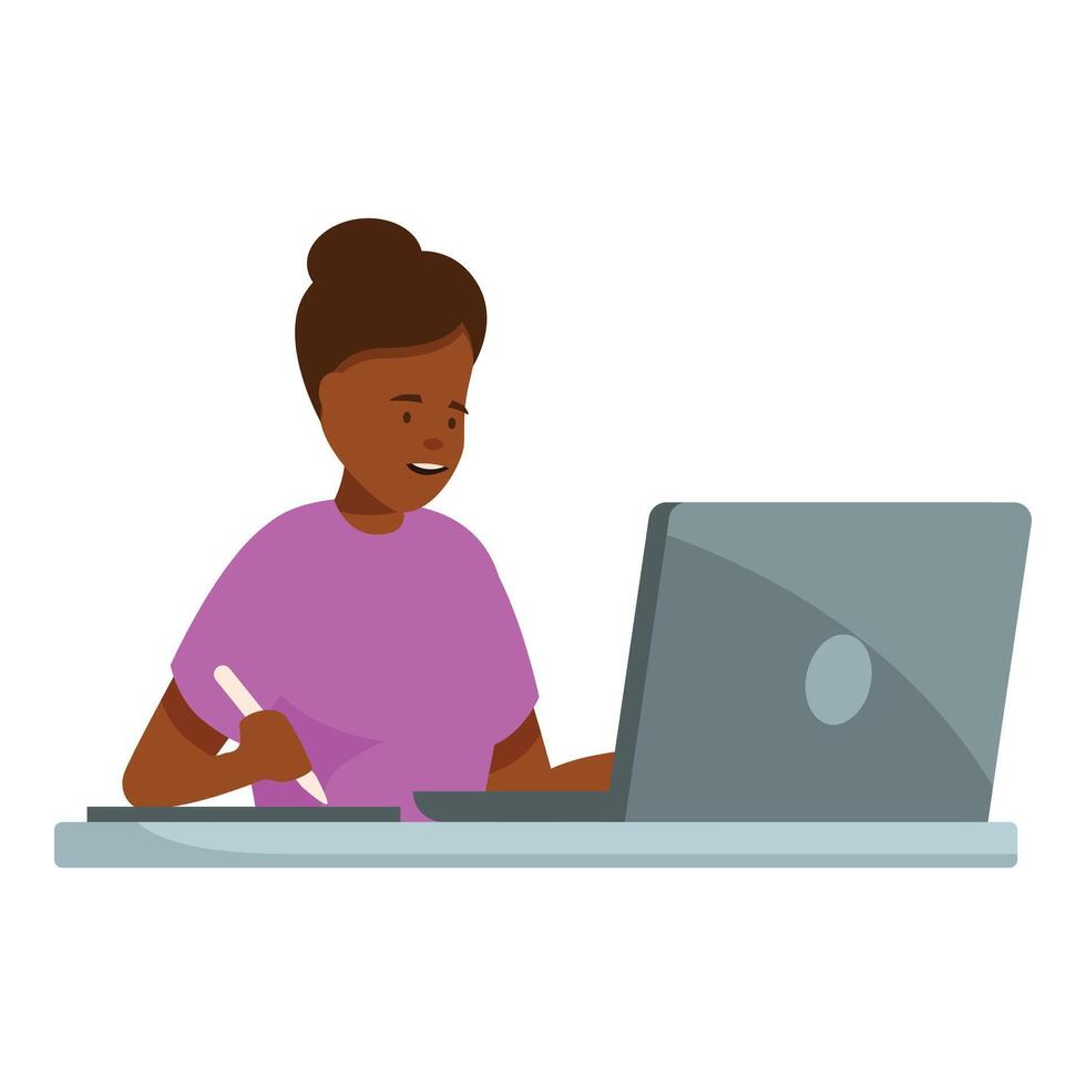 Young black woman working from home using graphic tablet and laptop vector