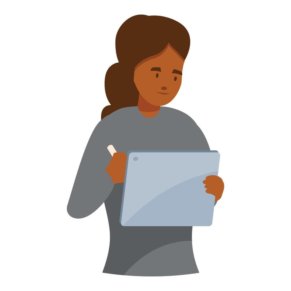 Young woman working on tablet with stylus pen, a depiction of modern technology and productivity vector