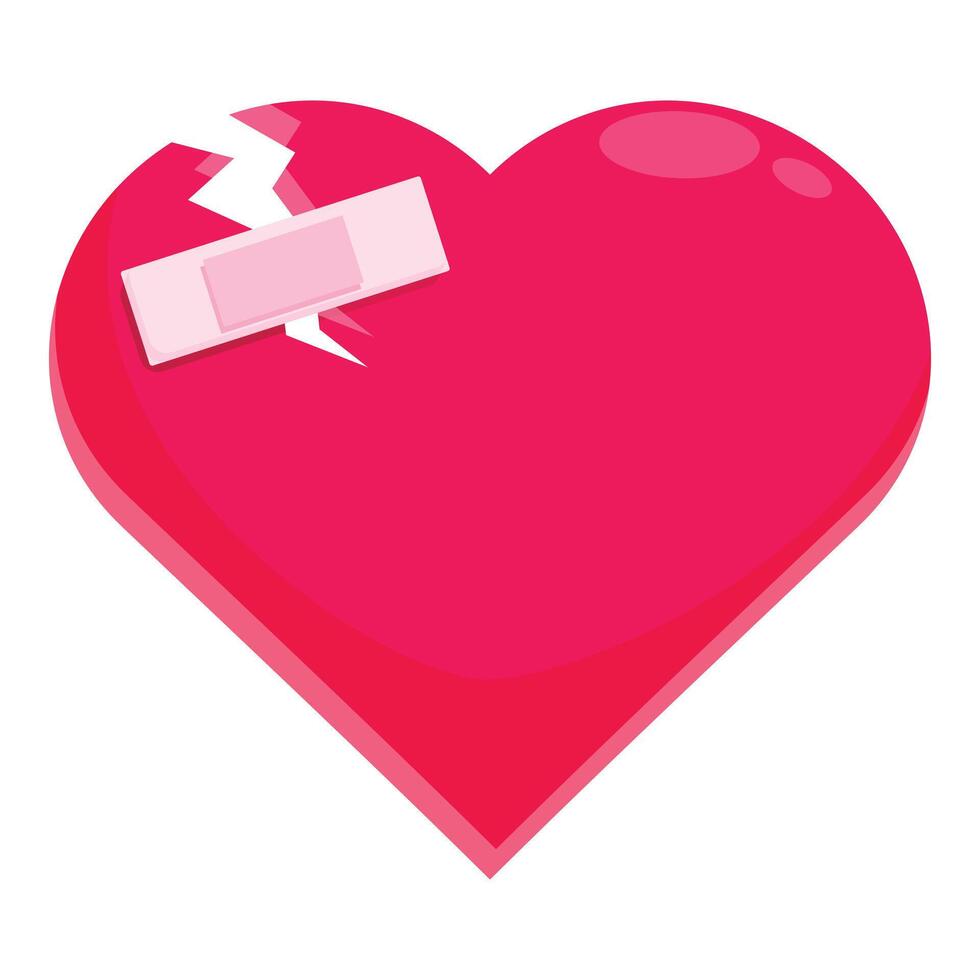 Big pink heart is broken with a crack and a band aid vector