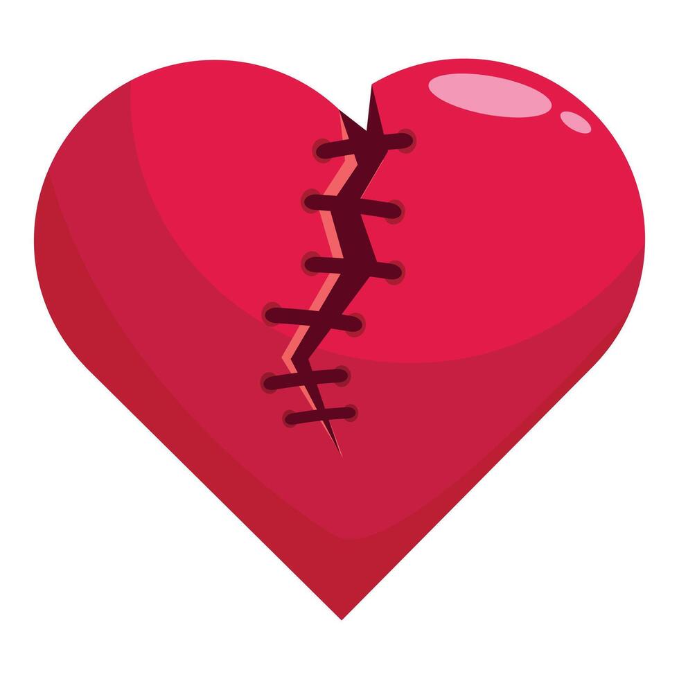 Red broken heart with stitches trying to heal showing love and pain vector