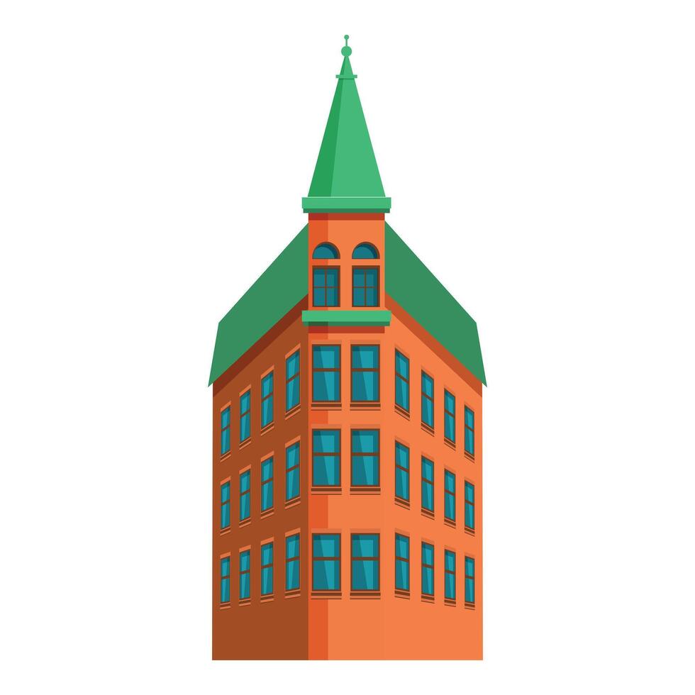 Tall brick apartment building with green roof and spire vector