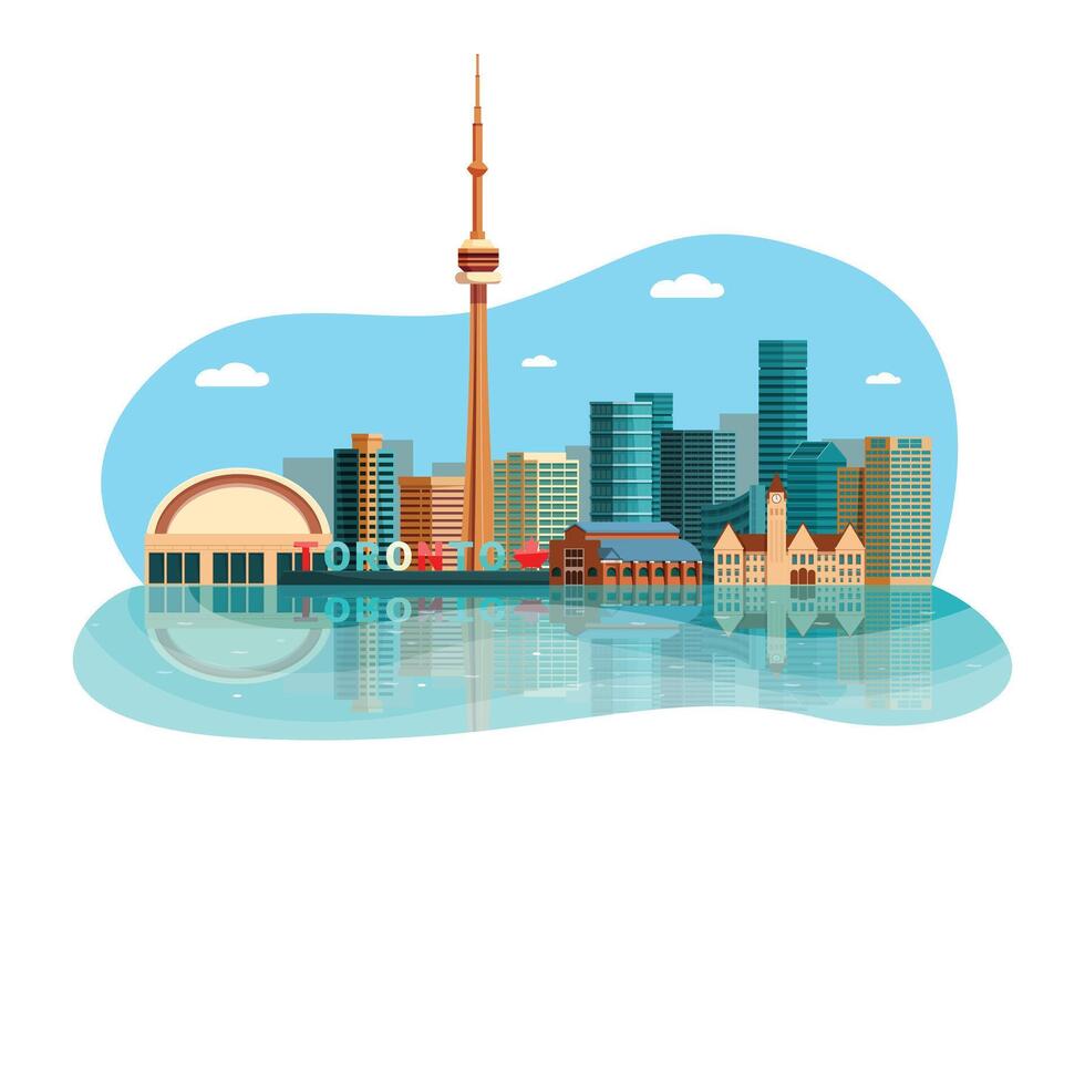 Toronto skyline reflecting on water with famous landmarks vector