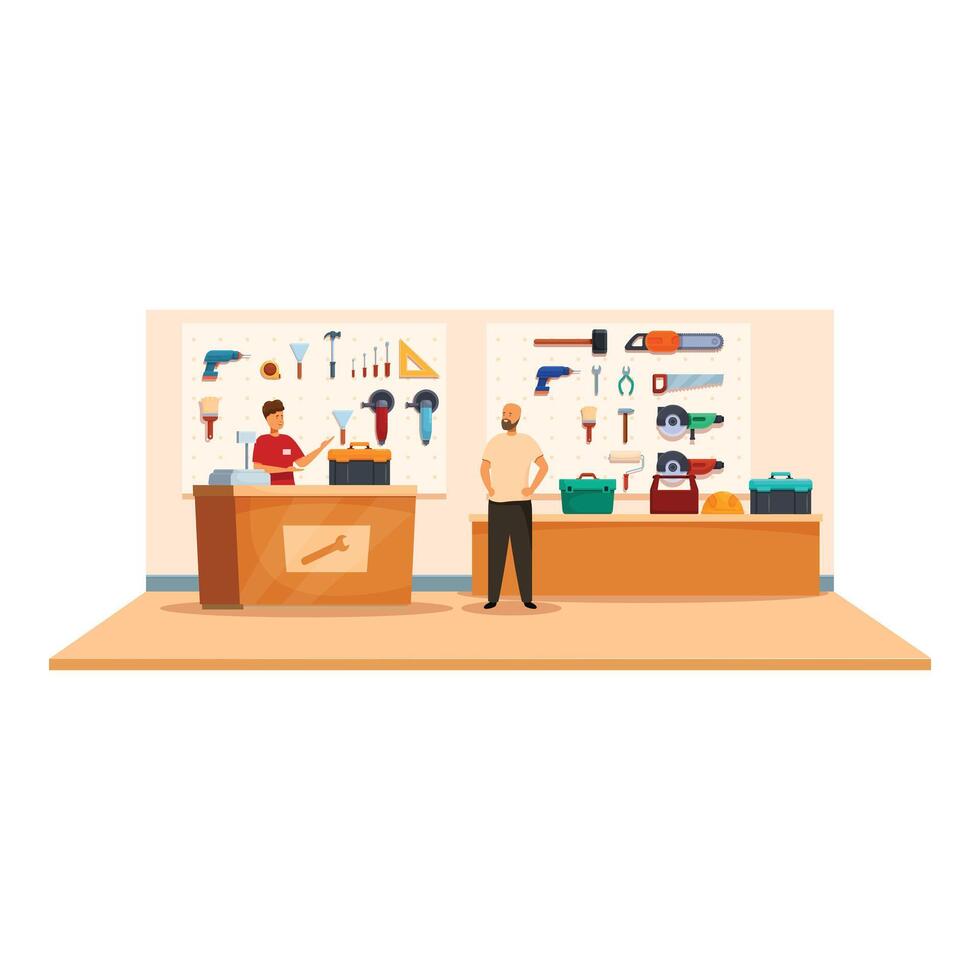 Hardware store seller assisting customer choosing tools vector